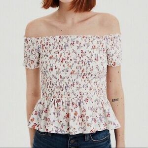 American Eagle Off the Shoulder Smocked Floral Crop Top